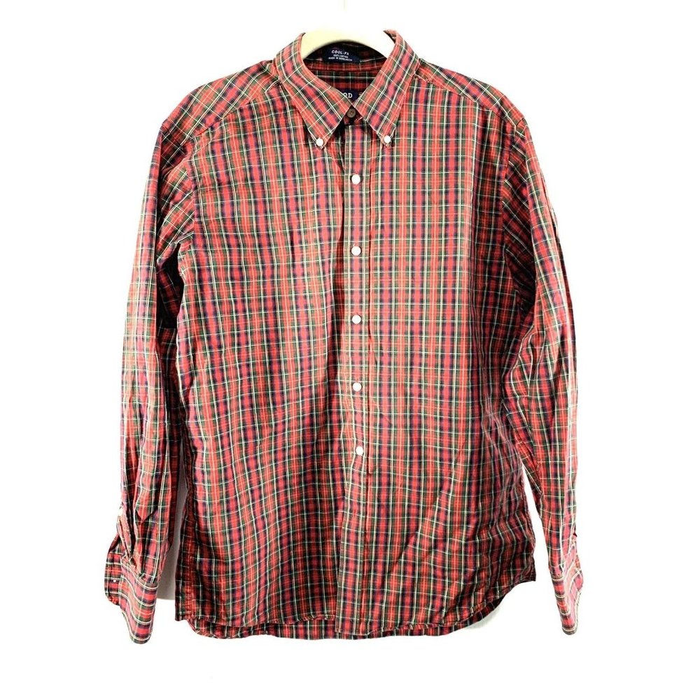 IZOD Red Plaid Button Down Shirt Medium  Long Sleeve Classic Fit  16/32- 33